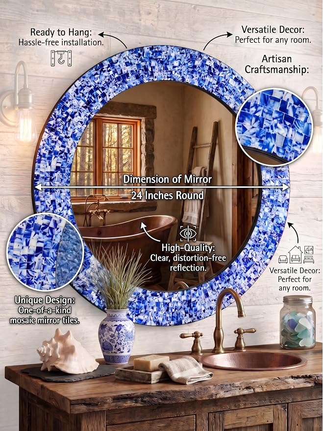 24" Round Mosaic Wall Mirror Sapphire Blue & Silver Glass Tile Frame Handmade Decorative Accent Mirror for Living Room Bathroom Bedroom Entryway Boho Modern Wall Decor