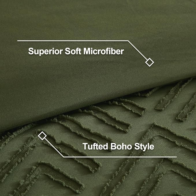 Litanika Super King Size Comforter Set, 3 Pcs Tufted Boho Bedding Set | Olive Green Farmhouse Shabby Chic Vintage Bohemian Textured Aesthetic Soft Fluffy Lightweight Breathable All Season Bed Set