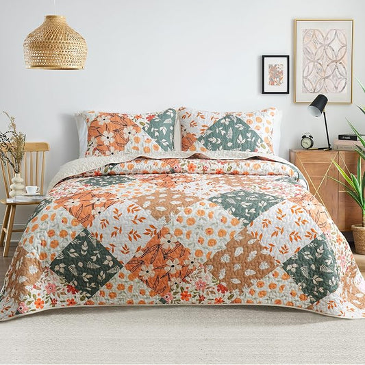 Whale Flotilla Patchwork Quilts Queen Size, Extra Soft Floral Bedspreads | Orange Reversible Lightweight Full Queen Quilt Bedding Set for Bed, Printed Coverlets with 2 Pillow Shams for All Seasons