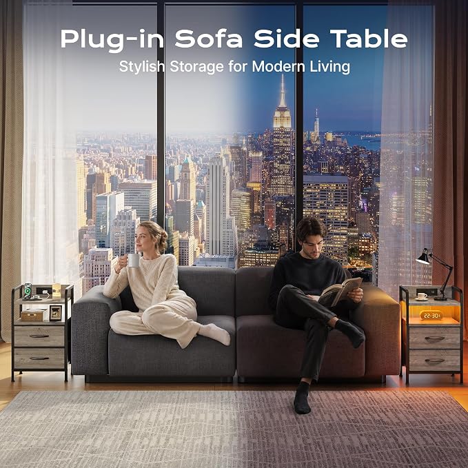 Huuger Nightstands Set of 2, Night Stand with LED Lights, Charging Station | USB-C Ports, 2 Drawers Bedside Table, Open Shelf, 2-Way Power Panel Install, End Table for Bedroom, Oak