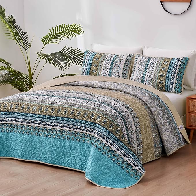 WONGS BEDDING Boho Quilt Queen Size,3 Pcs Bedspread Bedding Set, Blue Brown | Colorful Bohemian Striped Printed Bedding for All Season, Lightweight Microfiber Coverlet Set with 2 Pillowcases(96"x90")