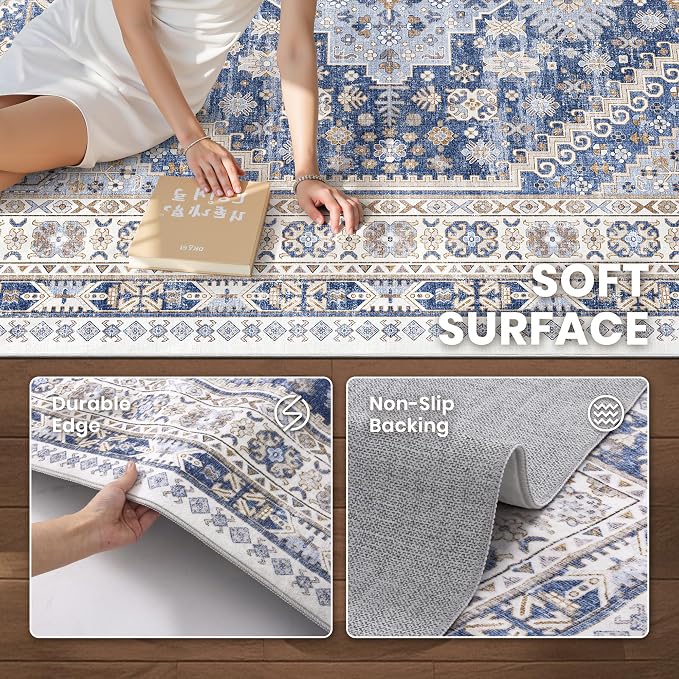 10x14 Area Rugs for Living Room,Large Washable Rug,Blue | Rugs for Bedroom,Dining Room,Office,Low Pile,Soft, Vintage Rug,Stain Resistant Indoor Carpet,Non Slip,Home Decor