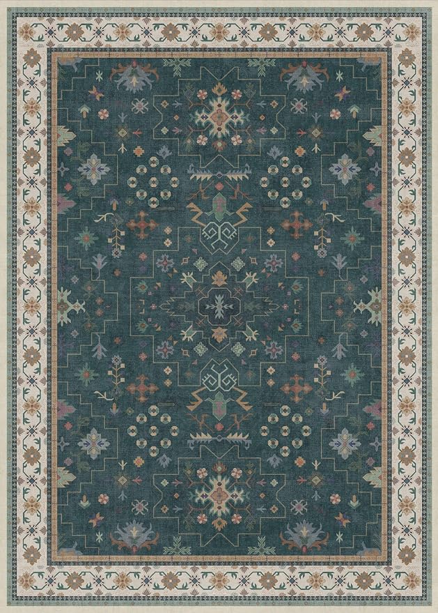 Dark Green Oushak Living Room Rug 10x14 - Modern Vintage Boho Eclectic Floral Pastel, Washable Low Pile Non-Slip Extra Large Area Rugs for Dining Under Table Bedroom Lounge