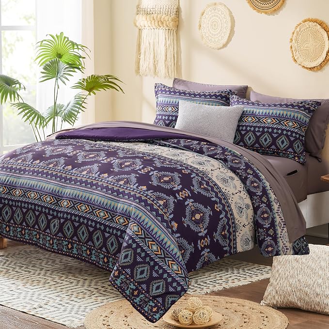 Queen Comforter Set - 7 Pieces Boho Bedding Set Aztec Bed in A Bag | Southwestern Bedding, All Season Tribal Bed Set with Comforter, Sheets, Pillowcases & Shams, Dark Purple