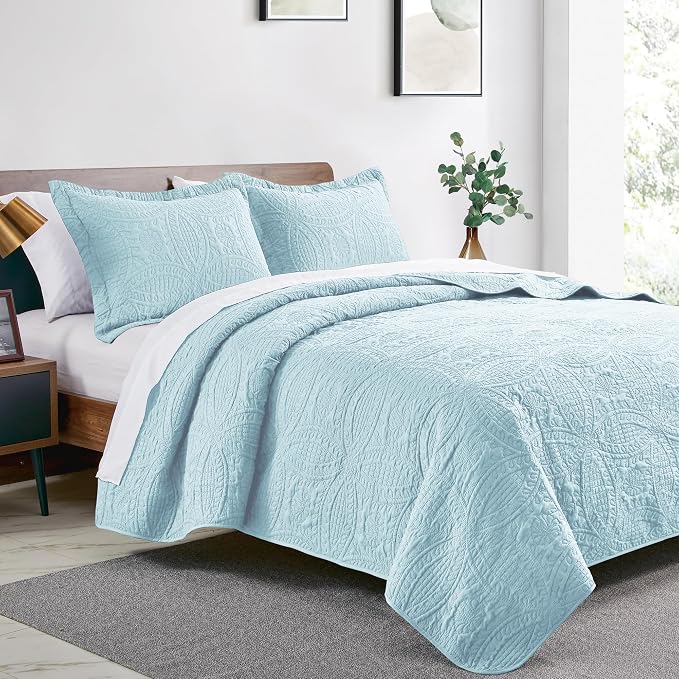 Love's cabin King Size Quilt Set Spa-Blue Bedspreads - Soft Bed Summer Lightweight Bedspread Comforter - Modern Style Coin Pattern Coverlet for All Season - 3 Pieces (1 Quilt, 2 Pillow Shams)