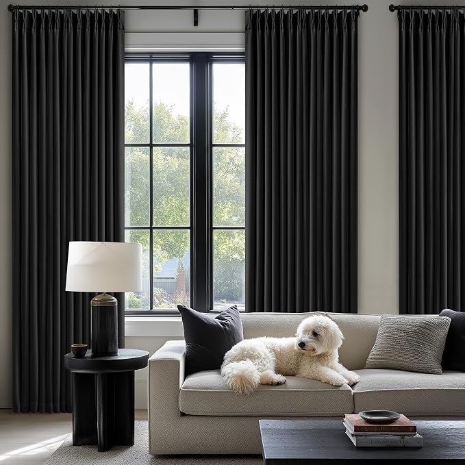 Black 105 Inch Pinch Pleated 100% Blackout Curtains with Liner 2 Panels Set | Thick Linen Textured, Energy Saving, Soundproof, Light UV Blocking, Thermal Insulated Curtain for Living Dining Room Bedroom