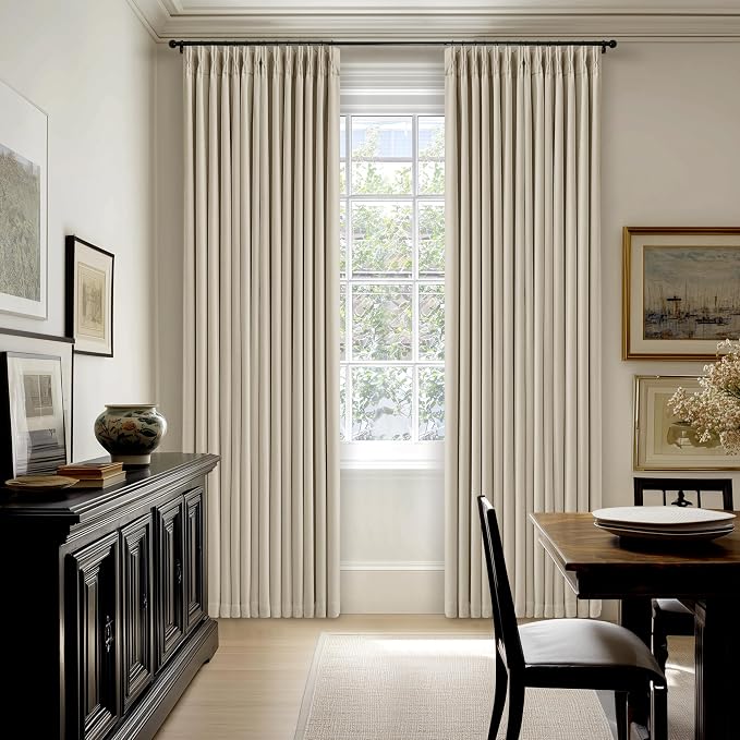 Oatmeal 102 Inch Blackout Linen Pleated Curtains for Bedroom Living Room | 100% Black Out, Thermal Insulated Energy Efficient Window Drapes, Double Layer Oatmeal Beige Curtains, Pinch Pleat 2 Panels