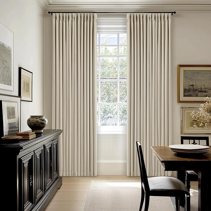 94 Inch Long Blackout Curtains Thick Linen Pinch Pleated Curtains 2 Panels | Oatmeal Window Drapes for Bedroom Living Room, Light Blocking Energy Save Soundproof, Pinch Pleat Back Tab with Hooks Rings