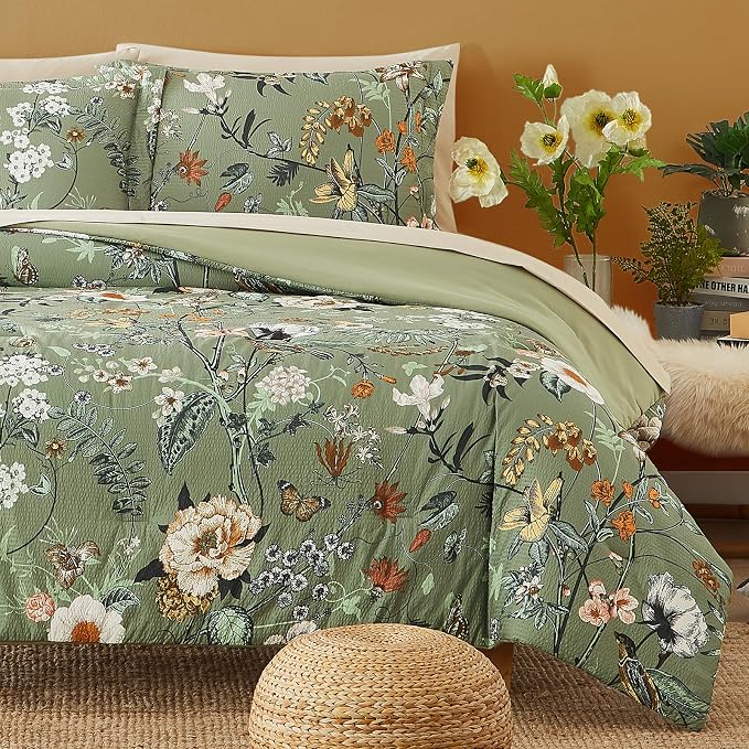 Queen Comforter Set - 7 Pieces Soft Floral Bed in a Bag Queen Bedding Sets | Green Botanical Texture Flowers Comforter Set with Sheets, Pillowcases & Shams for All Seasons
