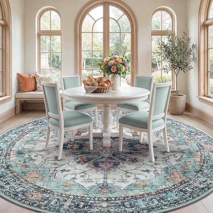 RELEANY Washable Area Rug, Round 10ft, Teal Green/White/Navy | Non-Slip, Water Repellent, Pet Friendly, Easy to Clean, Vintage Floral Boho Decor for Living Room Bedroom Dining Room
