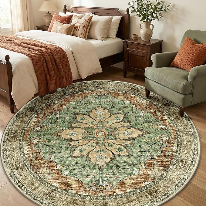 RELEANY Washable Area Rug, Round 6ft, Brick/Brown/Green | Non-Slip, Water Repellent, Pet Friendly, Easy to Clean, Vintage Floral Boho Decor for Living Room Bedroom Dining Room