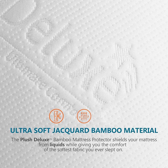 PlushDeluxe Bamboo Waterproof Mattress Protector, Twin Size, Ultra Soft | Breathable, Noiseless, Hypoallergenic, Washable, 39x75" Up to 18" Deep, Viscose Derived from Bamboo Mattress Cover, White