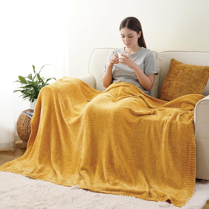Mustard Yellow Throw Blanket for Couch, Chenille Throw Blanket 51"x67" | Shiny Chenille Blanket, Cozy Brethable Knit Throw Blanket, Fall Mustard Blanket for Bed Sofa Home Decor