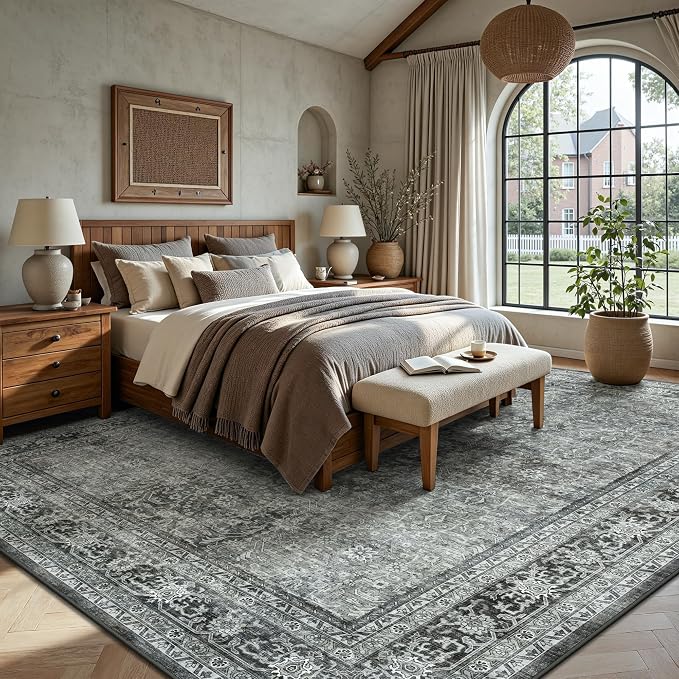 8x10 Area Rugs for Living Room - Washable Vintage Retro Large Rug, Soft Ultra Thin Non Slip Low Pile Traditional Distressed Boho Carpet for Bedroom Dining Room Home Office, Black Grey