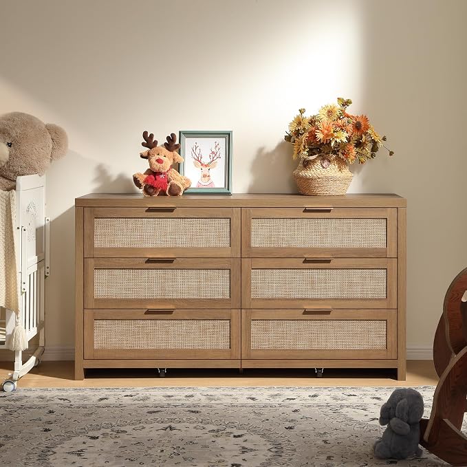 SICOTAS Rattan Dressers for Bedroom Set 2, Large 6 Drawer Dresser | Long Chest of Drawers, Dresser Farmhouse TV Stand for Bedroom, Living Room, Nursery, Closet, Reclaimed Caramel Oak, 2 Pieces