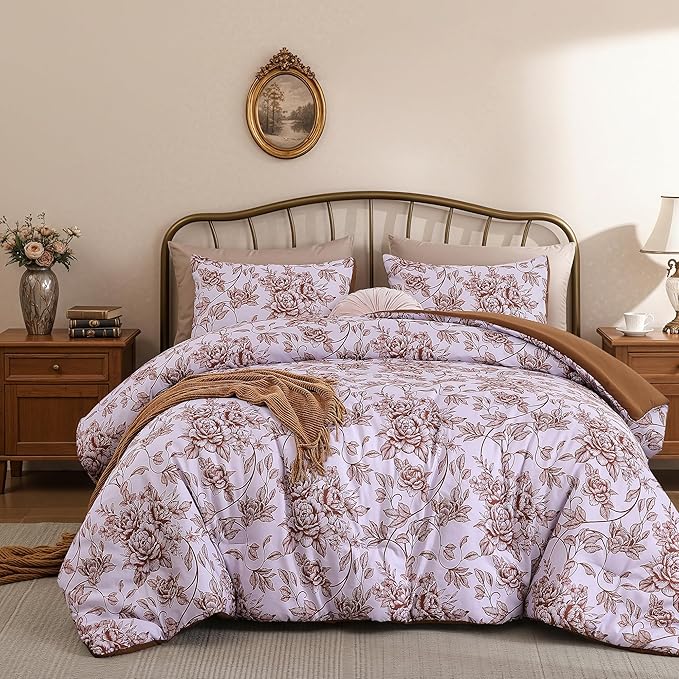 JANZAA Queen Size Comforter Set - Terracotta Floral Shabby Chic Bedding | 3 Piece Cute Floral Bedding for All Season, 1 Soft Fluffy Breathable Microfiber Comforter Set with 2 Pillowcases