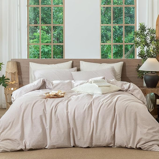 MooMee Striped Duvet Cover Set 100% Washed Cotton Linen Like King | Relaxed Linen-like Texture. Soft, Breathable & Long-lasting Comfort. Lightweight. Hidden Zipper with 8 Interior Corner Ties
