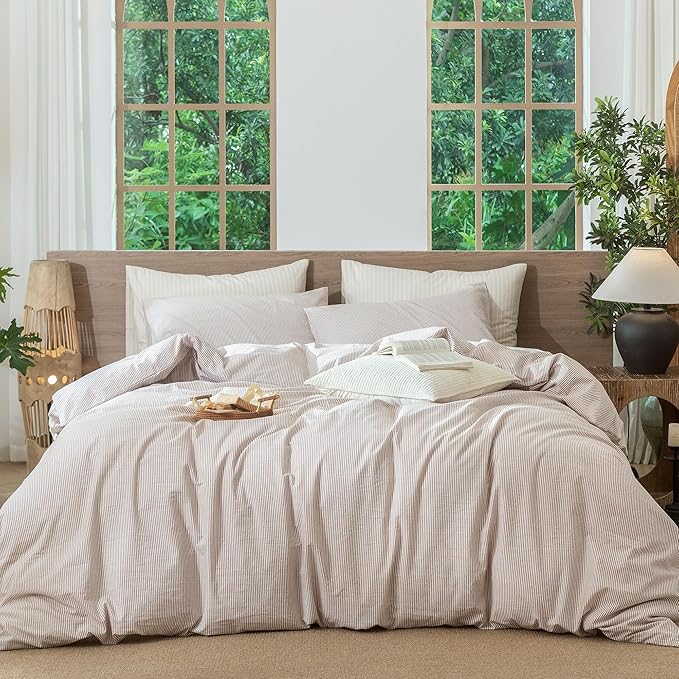 MooMee Striped Duvet Cover Set 100% Washed Cotton Linen Like Queen | Relaxed Linen-like Texture. Soft, Breathable & Long-lasting Comfort. Lightweight. Hidden Zipper with 8 Interior Corner Ties