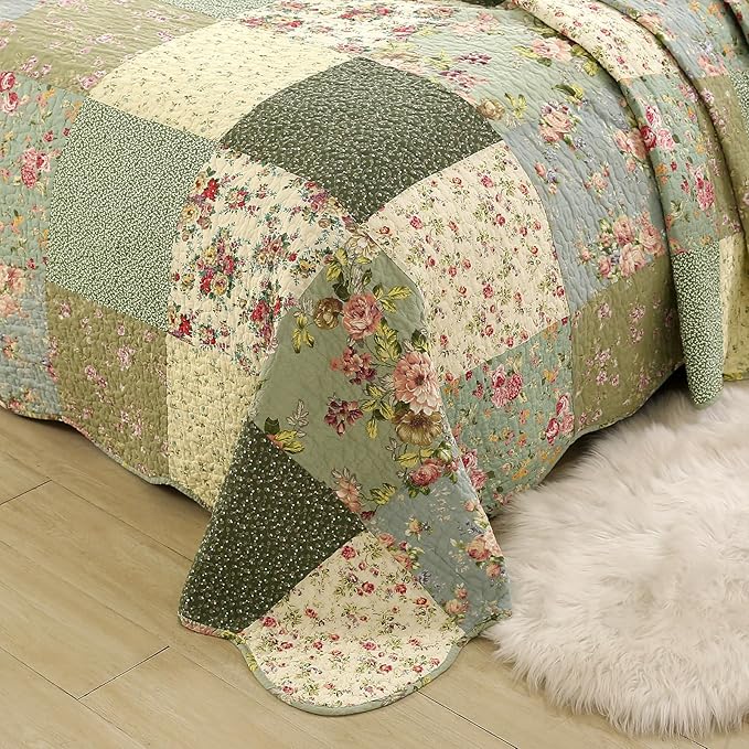 vctops Boho Patchwork Cotton Quilted Bedspread Quilt Set King Size 3 Pieces Soft Reversible Lightweight Coverlet Set Floral Print 1 Quilt and 2 Pillow Shams (Green D,King)