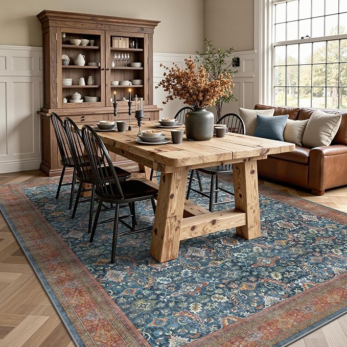 6x9 Area Rugs - Washable Vintage Retro Living Room Rug, Soft Ultra Thin Non Slip Low Pile Traditional Distressed Boho Carpet for Bedroom Dining Room Nursery Home Office, Navy Rust