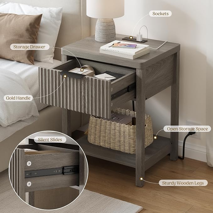 Night Stand Set 1, Fluted Wood Bedside Table w/Socket Station for Bedroom | Dark Grey, Storage Drawer, Open Shelf, Metal Silent Rails, Round Corners, Modern Fluted Panel, Living Room, Bedside Table