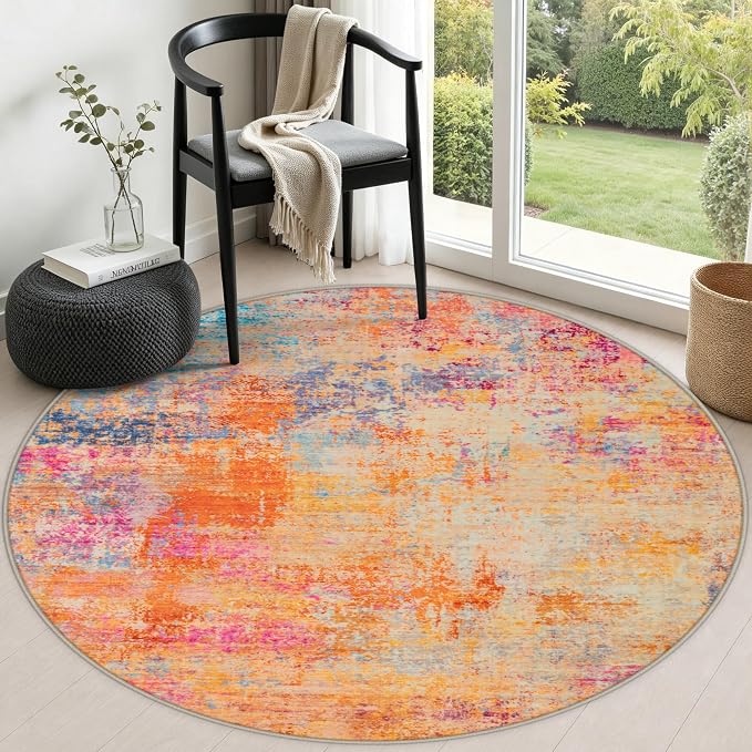 Round Area Rug Living Room: 5 ft Modern Washable Indoor Carpet | For Bedroom Dining Room Farmhouse Nursery Hallway Office,Modern Abstract,Machine washable,Non-Slip,Stain Resistant,Indoor