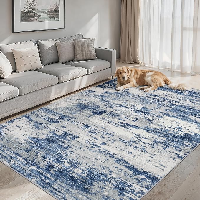 PLHXFR 8x10 Area Rug Living Room: Abstract Washable Carpet Blue Gray | For Bedroom Dining Room Farmhouse Nursery Home,Machine washable,Non Slip,Large Soft Neutral,Stain Resistant, Indoor Floor