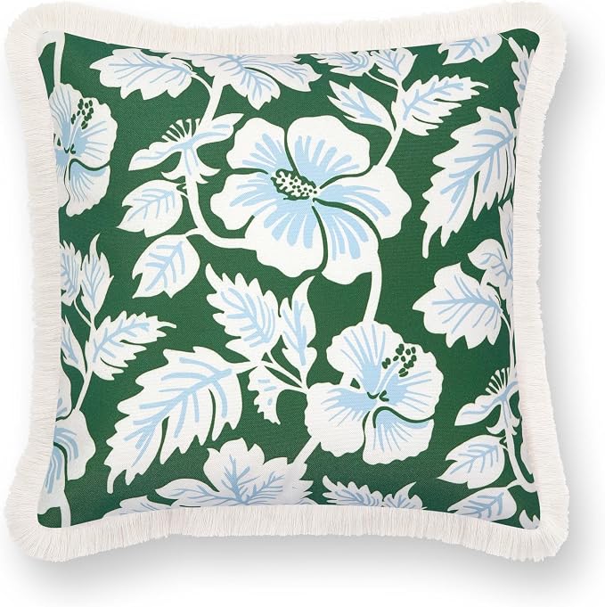 Hofdeco Premium Coastal Patio Indoor Outdoor Throw Pillow Cover Only, 20"x20" Water Repellent for Backyard, Couch, Green Baby Blue Print Tropical Hisbucs Flowers