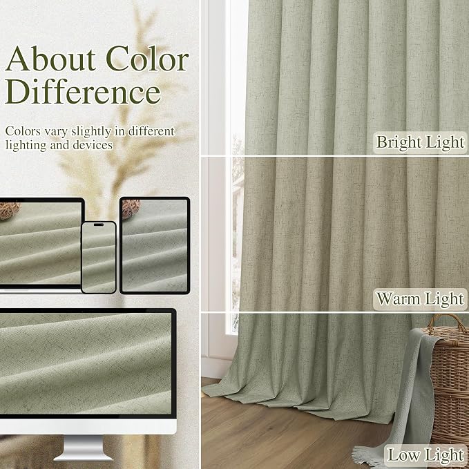 Sage Green 100% Blackout Linen Curtains 94 Inch Length 2 Panels Set for Living Room Bedroom Back Tab Thermal Insulated Black Out Drapes Room Darkening Window Curtains 94 Inches Long