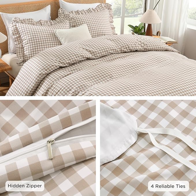 Andency Tan Gingham Duvet Cover Full, Ruffle Shabby Chic Bedding Set 3 Pcs | Farmhouse Soft Pre-Washed Polyester Comforter Cover with Zipper Closure & Corner Ties, 79x90Inch