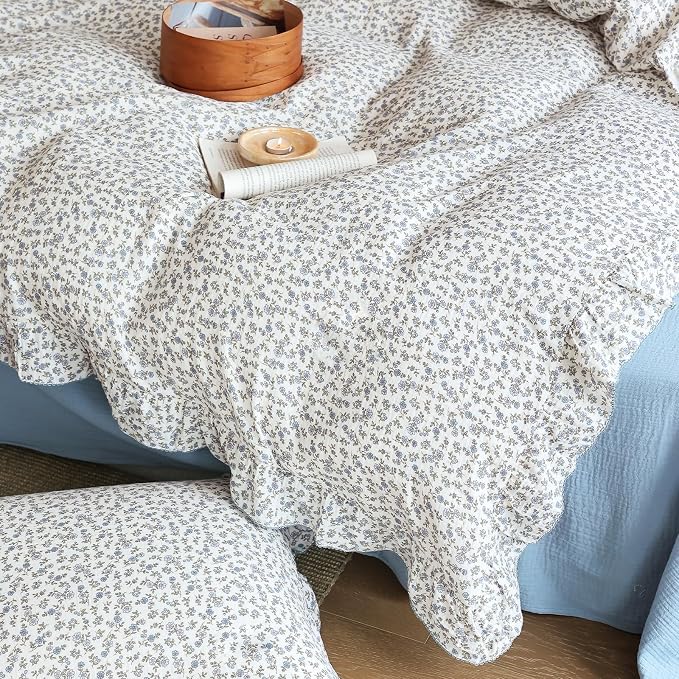 Blue Floral Print Duvet Cover Full Bed Comforter Cover 79"x90", Cotton Muslin Quilt Cover with Ruffles Chic Princess Bedding Duvet Cover with Zipper, No Pillow Cases/Filling