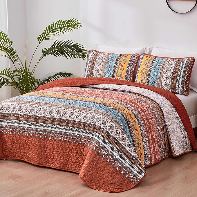 WONGS BEDDING Boho Quilt Queen Size,3 Pcs Bedspread Set, Burnt Orange | Colorful Bohemian Striped Printed Bedding for All Season, Lightweight Microfiber Coverlet Set with 2 Pillowcases(96"x90")