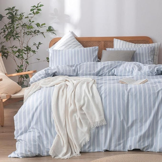 BESTOUCH Striped Cotton Duvet Cover Set Linen Feel Twin | 100% Washed Cotton, Soft Wrinkle Texture, Hidden Zipper, 8 Ties, Breathable Lightweight Durable Comfy, 2 Pcs No Insert