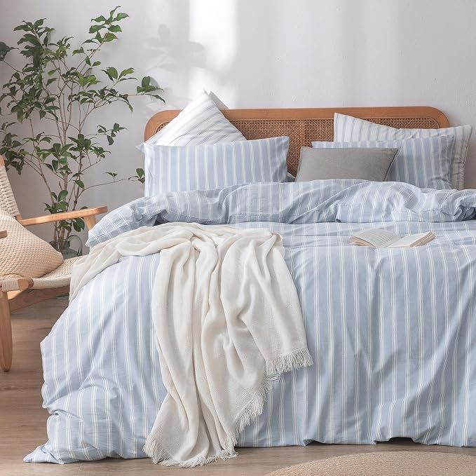 BESTOUCH Striped Cotton Duvet Cover Set Linen Feel Alaska King | 100% Washed Cotton, Soft Wrinkle Texture, Hidden Zipper, 8 Ties, Breathable Lightweight Durable Comfy, 3 Pcs No Insert