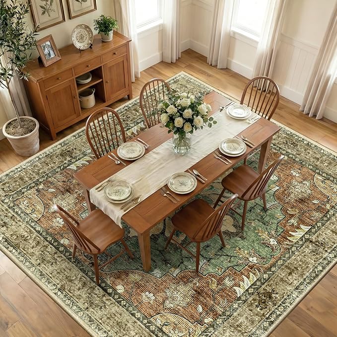 RELEANY Washable Area Rug, Square 10'x10', Brick/Brown/Green | Non-Slip, Water Repellent, Pet Friendly, Easy to Clean, Vintage Floral Boho Decor for Living Room Bedroom Dining Room