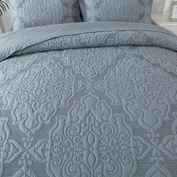 Reversible Quilt Bedspread Embroidered Microfiber Coverlet Set,Jacquard Embossed Floral,Grey, King Size