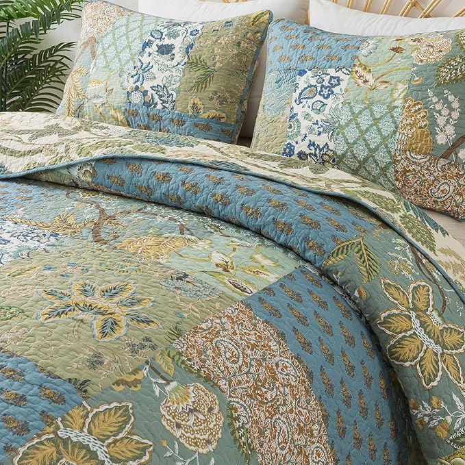 Quilt Set Queen Size, 100% Cotton Patchwork Green Bohemian Quilt Sets, Reversible Bedspread Lightweight and Breathable for All Seasons, Soft Quilted Bedspread with 2 Pillow Shams
