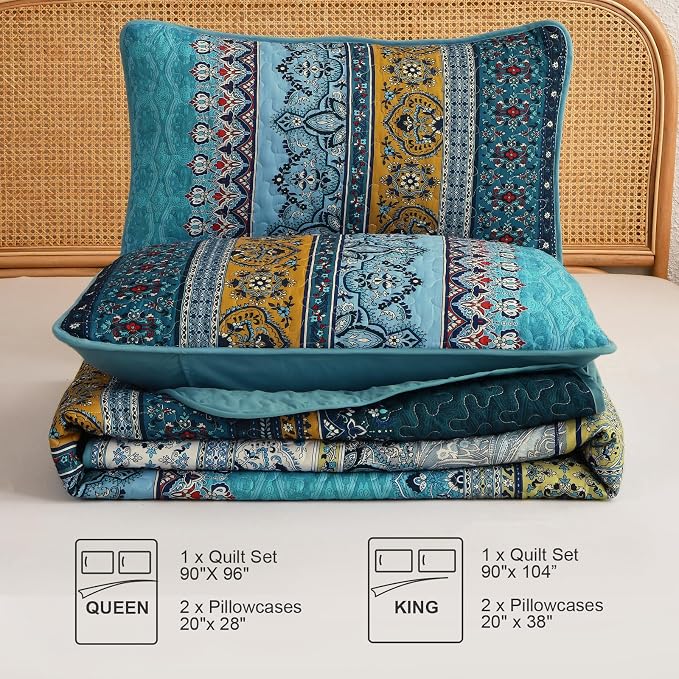 WONGS BEDDING Bohemian King Size,3 Pieces Soft Blue Bedspread Set | Boho Striped Printed Quilts Bedspread Set for All Seasons, Lightweight Microfiber Coverlet Set with Shams(104"x90")