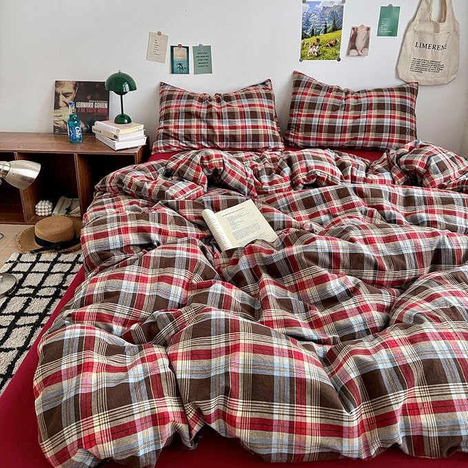 LifeTB Red Brown Plaid Comforter Set Queen, 3 Pieces Vintage Checkered Grid Bed Comforter with 2 Pillowcases, Breathable Soft Comfy Farmhouse Plaid Pattern Printed Gingham Bedding Comforter Set