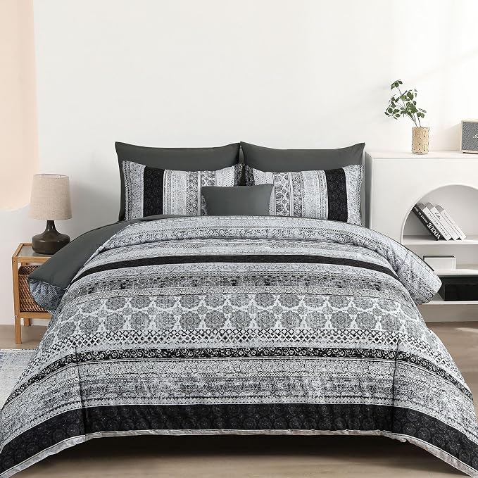 Cottolester Boho King Size Comforter Set 8 Pieces,Gray Bohemian Striped Bed in a Bag,Floral Soft Microfiber Bedding Comforter Set