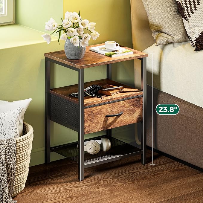 Huuger Nightstand Set of 2, Night Stand with Fabric Drawer, Mesh Shelf | Side Table with Storage, Fabric Drawer Dresser, Open Shelf, Metal Frame, Bedroom, Rustic Brown
