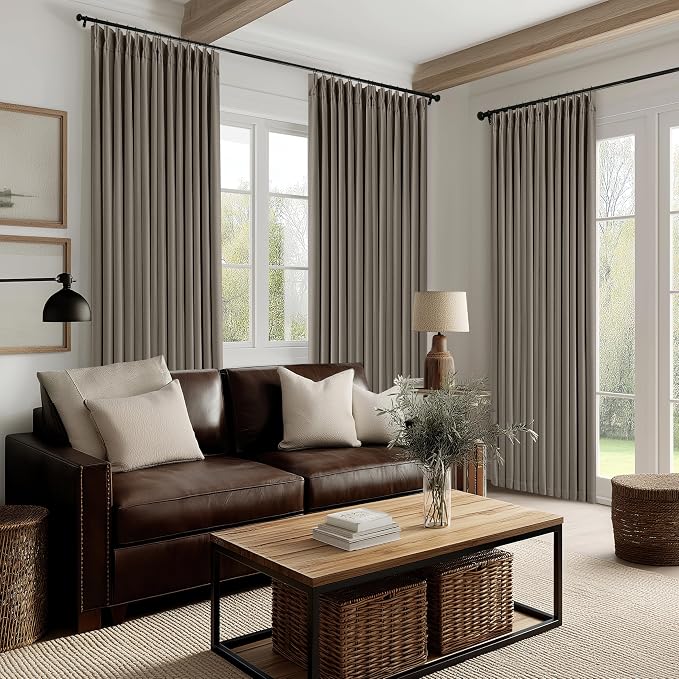 Dark Taupe Linen Blackout Pinch Pleated 108 Inch Curtains for Living Room | Pinch Pleat, Room Darkening 100% Black Out, Thermal Insulated, Soundproof, Brownish Gray 108 Inch Curtain for Dining Bedroom
