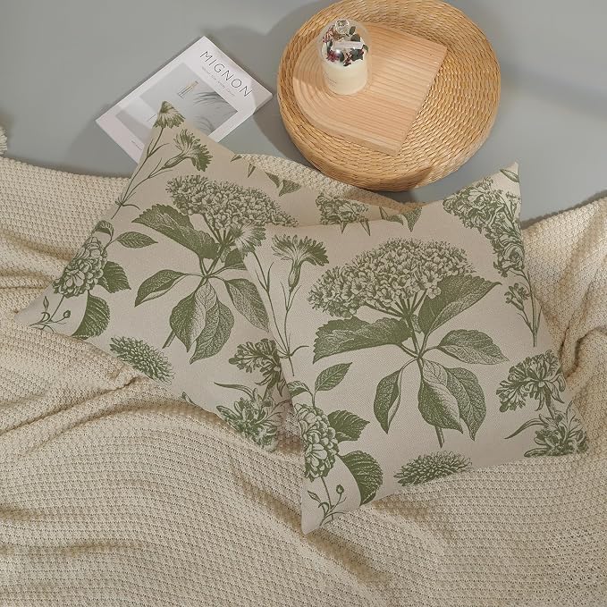 Sage Green Pillow Covers 24x24 Inch 2 Pcs Boho Vintage Floral Decor Throw Pillows Hydrangea Flower Seasonal Outdoor Farmhouse Neutral Accent Decoration Pillowcase Linen Cushion Cover for Sofa