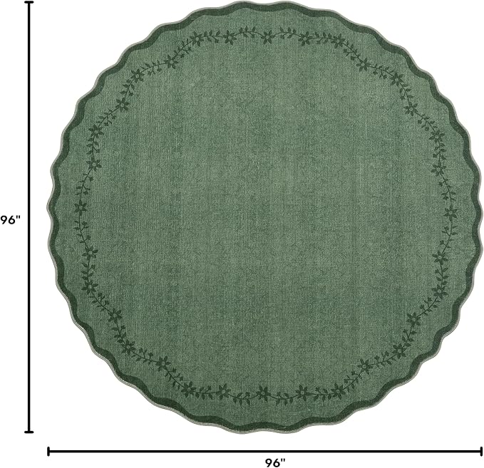 GarveeHome Large Round Rug 8ft Scalloped Washable Circle Living Room Rug | Soft Solid Green Non Slip Floral Print Floor Mat Carpet Indoor Thin Area Rug for Bedroom Dining Room Playroom Nursery