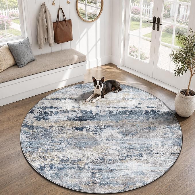 pmtsns Round Rug 4ft for Bedroom: Washable Circle Rug Modern Abstract Neutral Soft Non-Slip Low-Pile Entryway Carpet for Living Room Dining Room Nursery Home Office (Blue Grey Brown, 4' Round)