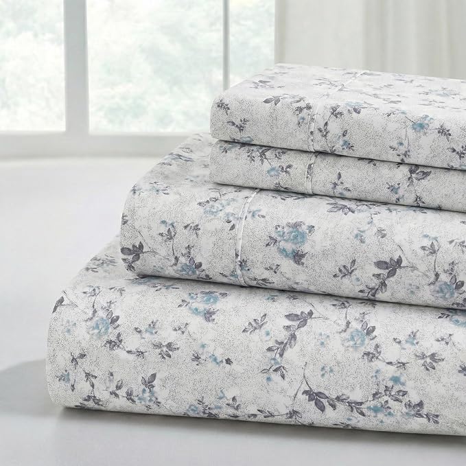 Modern Threads Silky Soft Microfiber and Wrinkle Free Sheets - Luxurious Microfiber Bed Sheets Includes Flat Sheet, Fitted Sheet with Deep Pockets, & Pillowcases Kashmir Rose Blue, Twin