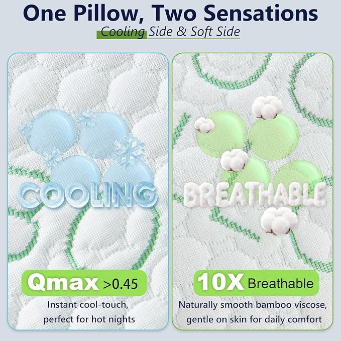 Shredded Memory Foam Pillows, Cooling Pillows Standard Size Set of 2 Adjustable Firm Bamboo Bed Pillows for Hot, Side, Back and Stomach Sleepers