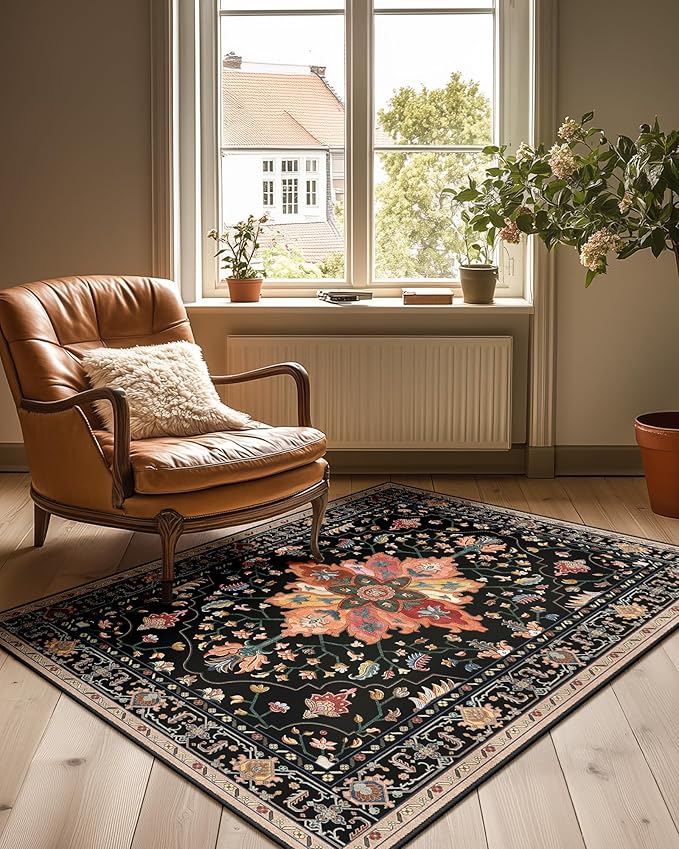 RELEANY Washable Area Rug, 3'x4', Black/Colorful | Non-Slip, Water Repellent, Pet Friendly, Easy to Clean, Vintage Floral Boho Decor for Living Room Bedroom Beside Kitchen