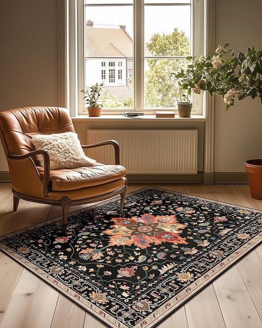 RELEANY Washable Area Rug, 3'x4', Black/Colorful | Non-Slip, Water Repellent, Pet Friendly, Easy to Clean, Vintage Floral Boho Decor for Living Room Bedroom Beside Kitchen