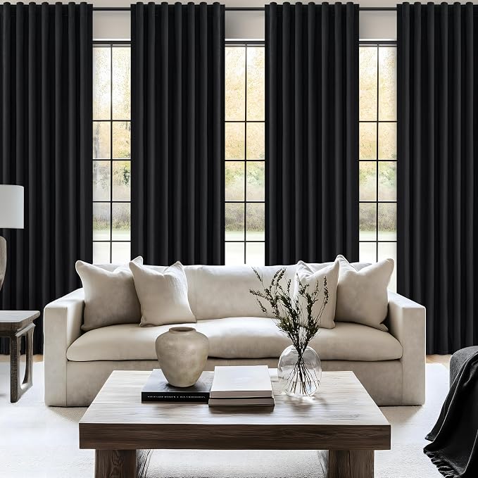 QJmydeco Black Out Kitchen Curtains 63 Inch Length 2 Panels Set, Modern Pleated Linen Blend Blackout Windows Curtain Back Tab Rod Pocket for Cafe/Cabin Thermal Insulated Heavy Drapes 50"W x 63"L Long